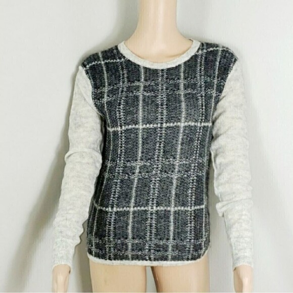 LOFT Plaid Gray Color Block Mohair Blend Crewneck Pullover Sweater Size Medium - Picture 3 of 12